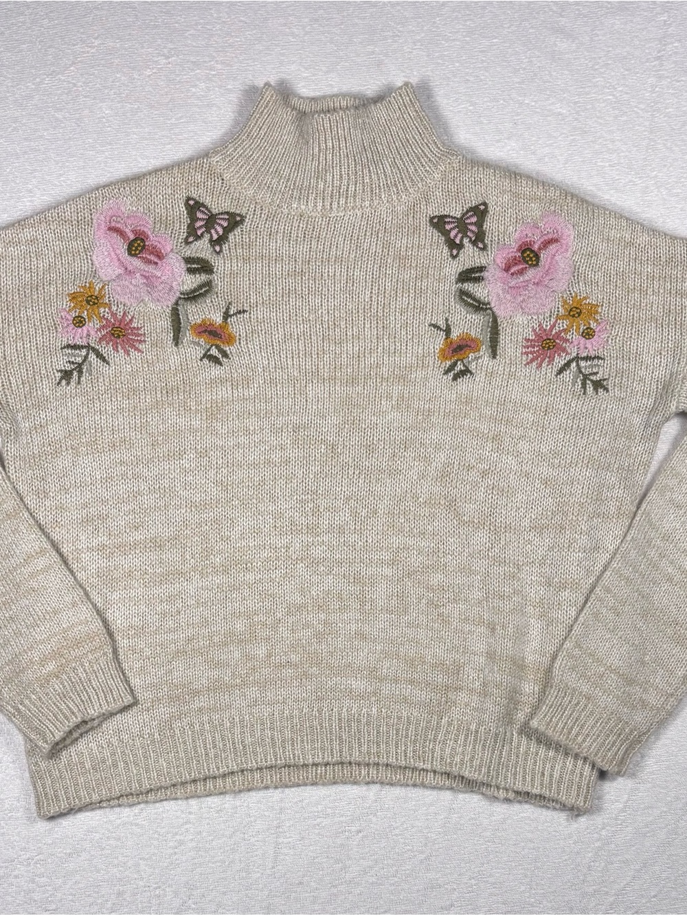 Cloud Chaser Cream Mock Neck Sweater with Pink Floral Embroidery
